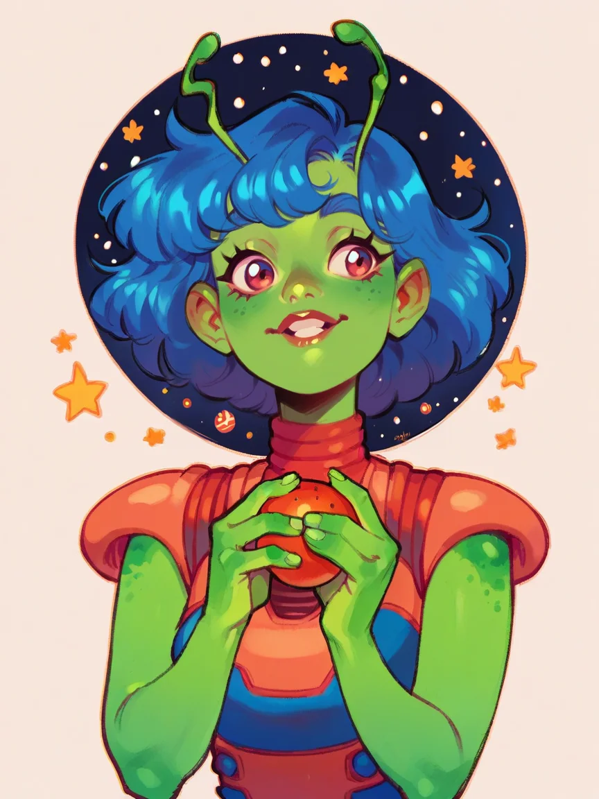 score_9, score_8_up, score_7_up, score_6_up, <lora:4l13nXLP:1> 4l13n, colored skin, green skin, blue hair, space, antennae,