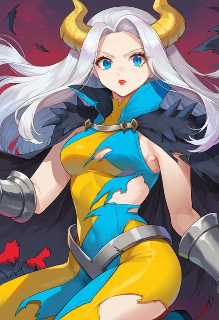 mirajsitri, blue eyes, white hair, long hair, demon horns, yellow horns, lipstick, two-tone bodysuit, clawed gauntlets, silver gauntlets, high collar, torn cape, grey belts, waist cape, dragon girl, blue footwear,
