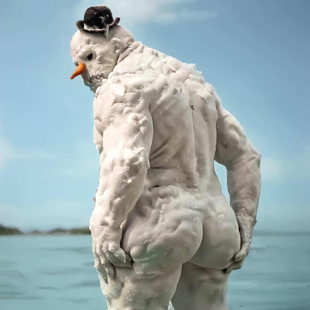 Zpdxl3, score_7_up, score_8_up, realistic, photo,  (side view, from side:1.3), [muscular], cowboy shot, ass focus, 
BREAK,
Snowman, monster, made of ice, carrot nose, sharp teeth, small dark eyes, (small hat), plump, pecs, featureless chest, closed mouth, glistening body, (grabbing ass, ass grab, bubble butt, big ass:1.25), looking back, no humans,