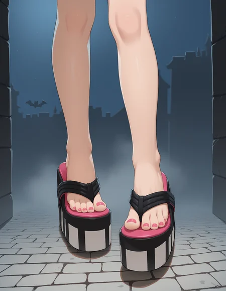 score_9, score_8_up, score_7_up, score_6_up, source_anime,
halloween scene, (from above:0.6), (from side:0.5),
foot focus,
1girl,
standing, feet apart,
dungeon, night dark, fog,
lag00na platform flip flops, (platform footwear:1.3), pink toenail polish,
embedding:zPDXLrl ,
embedding:zPDXL2 ,