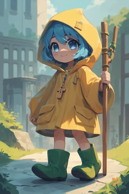 score_9, score_8_up, score_7_up, score_6_up, score_9, score_8_up, score_8, source_anime,
luce, 1girl, solo, cute girl, short blue hair, blue eyes, full body, boots, signature, yellow hood, colored necklace, cross, staff, smile, blush, outdoors,
masterpiece, best quality,
<lora:luce_pony:1.0>