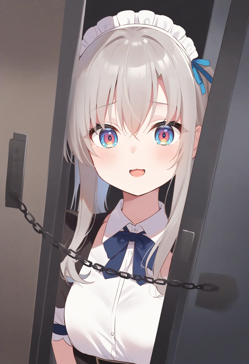 1girl,sincos, ningen mame, toosaka asagi,solo,medium breasts,20yo,maid,maid headdress,
door chain, peeking out, open door,<lora:doorchain_XL_v1:1.0>
chain, pov doorway, opening door, close-up,
ceiling, upper body, looking down, white hair, red eyes,determined, aquariums, open mouth, low ponytail hair,,
best quality, very aesthetic, absurdres ,
