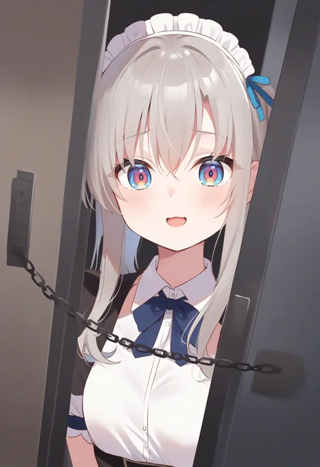 1girl,sincos, ningen mame, toosaka asagi,solo,medium breasts,20yo,maid,maid headdress,
door chain, peeking out, open door,<lora:doorchain_XL_v1:1.0>
chain, pov doorway, opening door, close-up,
ceiling, upper body, looking down, white hair, red eyes,determined, aquariums, open mouth, low ponytail hair,,
best quality, very aesthetic, absurdres ,