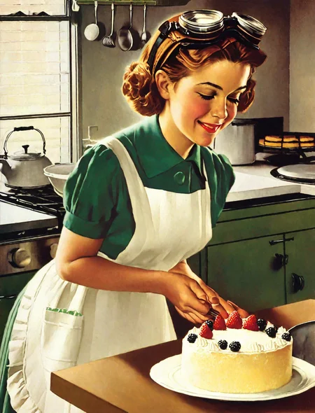 1girl, dress, norman rockwell style, in the kitchen, baking a cake, 1950s style, goggles on her head, closed eyes, green dress, white apron,
