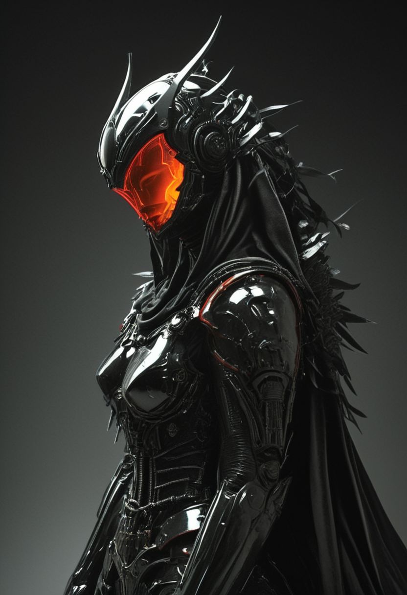high crontrast monochrome with highlights by jorg karg, resembling daft punk, an excentric laughing armored wired-cyborg soul knight hkfuture Steampunk artiangel with large translucent Red wings, vibrant translucent Dark-red and black 80s synthwave style, translucent velvet high intricately-detailed collar armor with Large spiked shoulder pads inspired By HR Giger, the face shrouded in darkness, a Large hooded Linen Cape with Highlights and Ornaments, volumetric lighting, ultra detailed, deep Blacks, very detailed, atmospheric haze, Film grain, cinematic film still, shallow depth of field, highly detailed, high budget, cinemascope, moody, epic