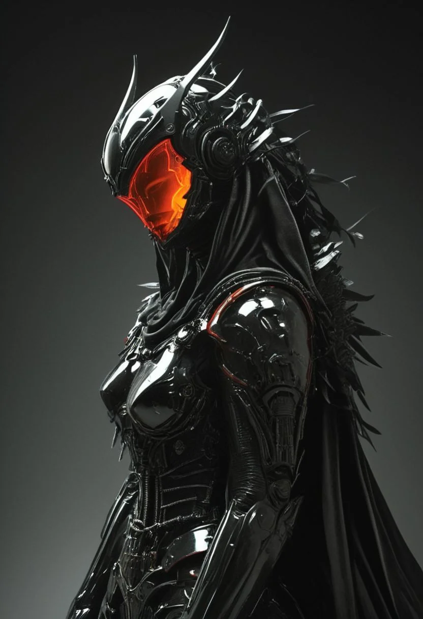 high crontrast monochrome with highlights by jorg karg, resembling daft punk, an excentric laughing armored wired-cyborg soul knight hkfuture Steampunk artiangel with large translucent Red wings, vibrant translucent Dark-red and black 80s synthwave style, translucent velvet high intricately-detailed collar armor with Large spiked shoulder pads inspired By HR Giger, the face shrouded in darkness, a Large hooded Linen Cape with Highlights and Ornaments, volumetric lighting, ultra detailed, deep Blacks, very detailed, atmospheric haze, Film grain, cinematic film still, shallow depth of field, highly detailed, high budget, cinemascope, moody, epic