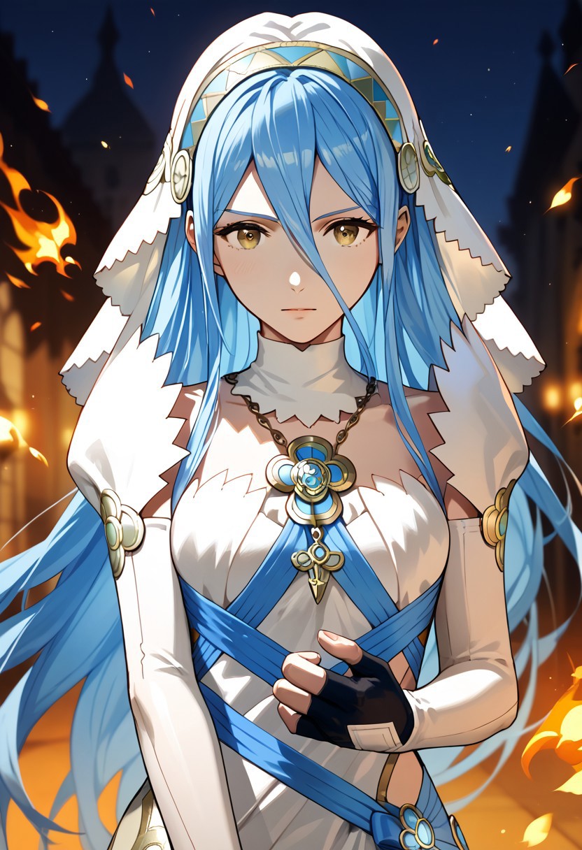 score_9,score_8_up,score_7_up,source_anime,azura (fire emblem),1girl,solo,looking at viewer,gloves,dress,ribbon,jewelry,elbow gloves,fingerless gloves,white dress,necklace,veil,pendant,