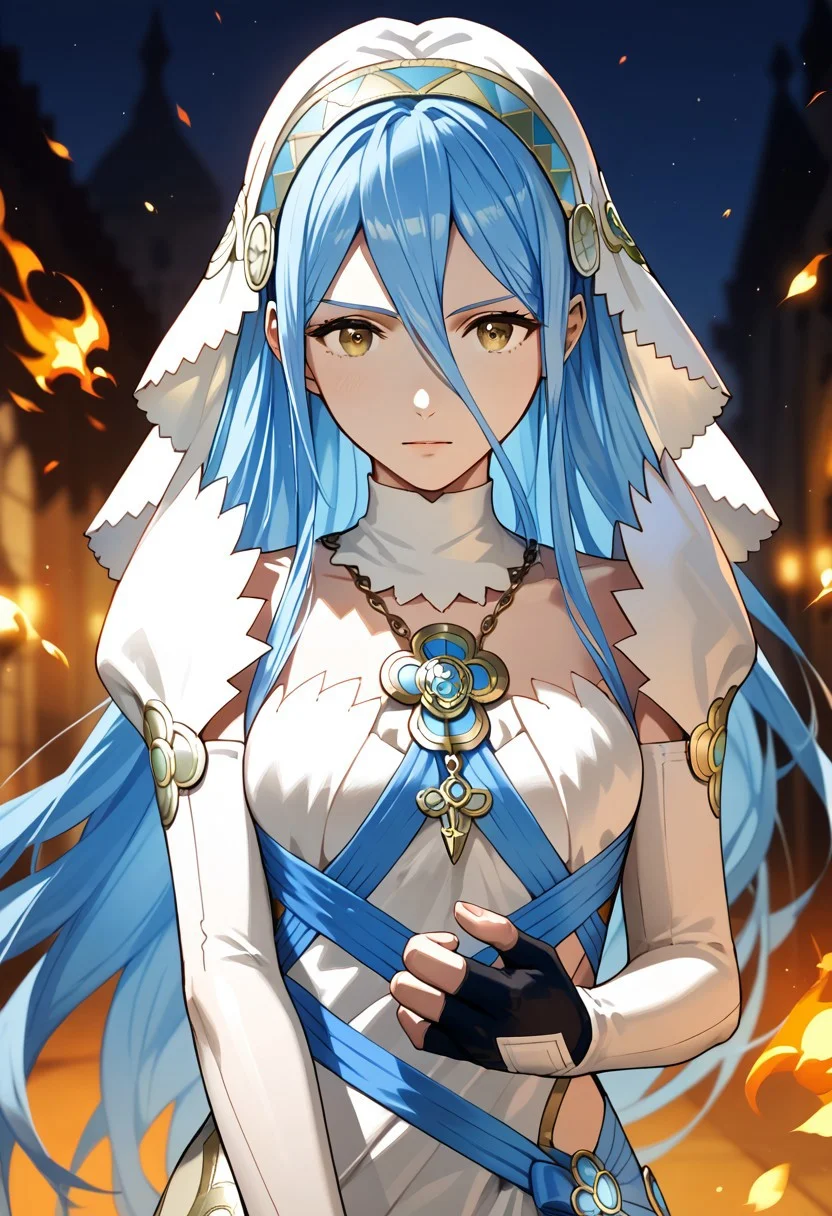 score_9,score_8_up,score_7_up,source_anime,azura (fire emblem),1girl,solo,looking at viewer,gloves,dress,ribbon,jewelry,elbow gloves,fingerless gloves,white dress,necklace,veil,pendant,
