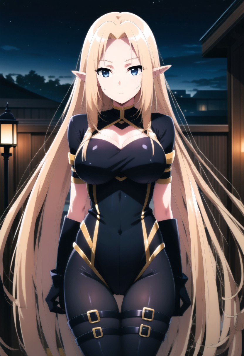 score_9, score_8_up, score_7_up, rating_questionable, 1girl, solo, 18 year old,
kage no jitsuryokusha ni naritakute!, alpha \(kage no jitsuryokusha ni naritakute!\), , alpha, blue eyes, tsurime, eyelashes, blonde hair, long hair, straight hair, parted bangs, curtained bangs, sidelocks, pointy ears, elf, thick thighs, large breasts, blush, seductive smile, bodysuit, black bodysuit, gold trim, skin tight, cleavage cutout, gloves, black gloves, hanging breasts, cleavage, simple background, heart background, pink background, all fours, breasts, looking at viewer, backlighting