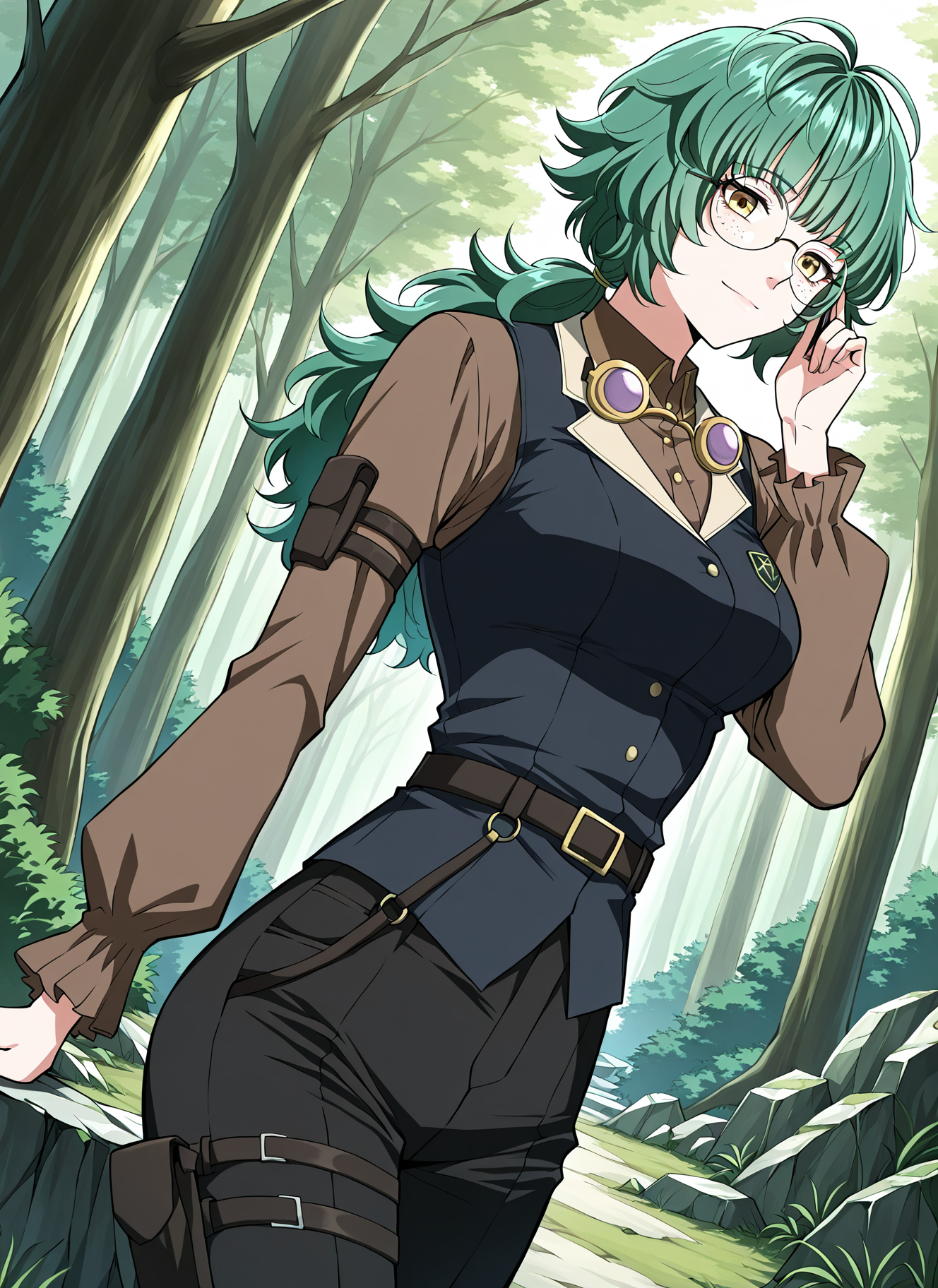 <lora:Emily_Watsken__The_Beginning_After_the_End__Illustrious:1>
1 girl, solo, yellow eyes, green hair, ahoge, low ponytail, bangs, long hair, messy hair, freckles,
black pants, knee boots, brown shirt, long sleeves, collared shirt, glasses, round eyewear, belt, 
score_9, score_8_up, score_7_up, very aesthetic, source_anime, detailed, high quality, beautiful, masterpiece, detailed eyes, forest, tree, ruins, cowboy shot, dynamic angle, upper body, light smile, dynamic pose