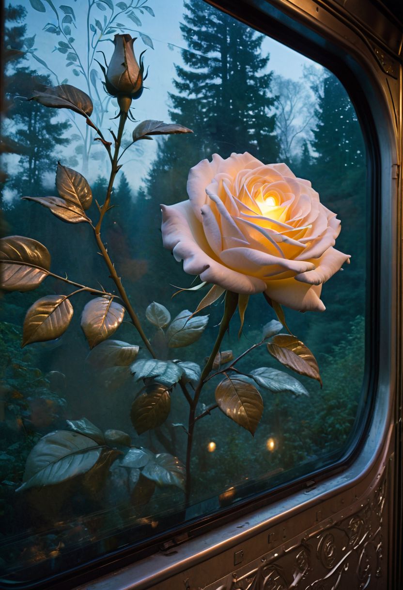 Close-up of train car window, giant luminous rose at the train's heart, flowing gown fabric, obscured passenger silhouette, reflections of moonlight, intricate botanical carvings on the train car, otherworldly forest, pale color palette