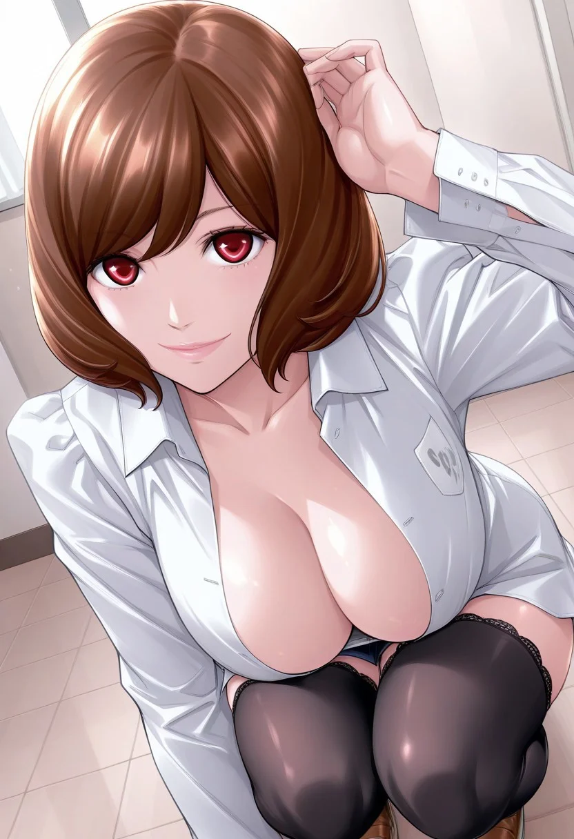 score_9, score_8_up, score_7_up, source_anime,(extremely detailed CG), (best quality),
1girl, solo, breasts, brown hair, thighhighs, red eyes, shirt, short hair, open clothes, squatting, large breasts, cleavage, smile, open shirt, looking at viewer, lips, rioli