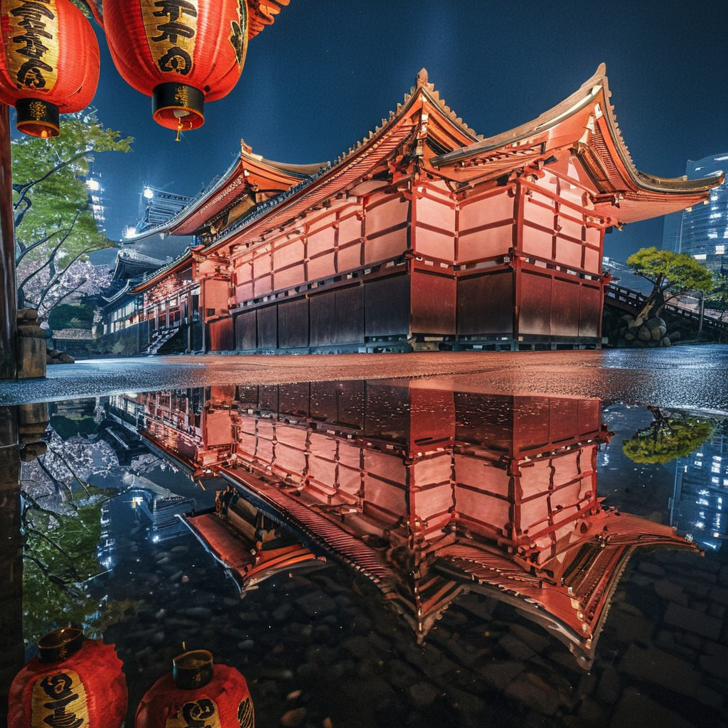 Radiant Darkness, east asian architecture, no humans, scenery, tree, building, outdoors, bridge, reflection, water, night sky, traditional media, paper lantern, real world location, river, city <lora:Radiant_Darkness:1> <lora:xl_more_art-full_v1:0.5>