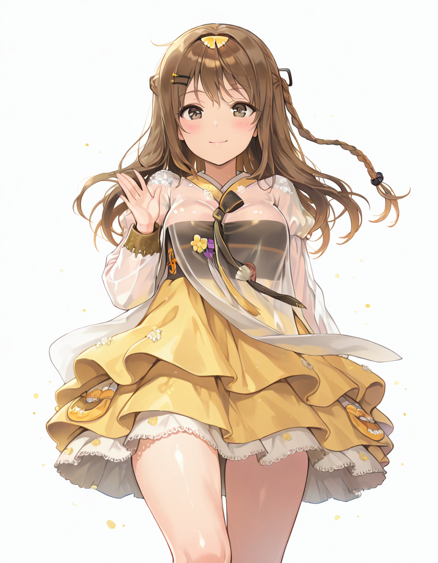 Volumetric Lighting, (masterpiece), (best quality), (ultra-detailed), masterpiece, source_anime, score_9, score_8_up, score_7_up BREAK, illustration, disheveled hair, detailed eyes, perfect composition, moist skin, intricate details BREAK, K2, brown hair, long hair, brown eyes BREAK, far east princess, FEP_hanbok, see-through skirt, layered skirt,K2_hairclip, see-through shirt, K2_hair_ornament, braid, side braid BREAK, ((white background)), looking at viewer,smile,upper body,thighs