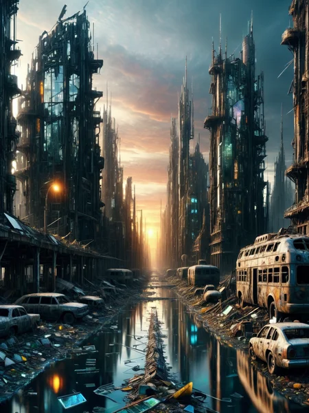 An eerie landscape of a post-apocalyptic city, where all that remains is ais-bkglass, reflecting the last sunsets of a civilization long gone. <lora:Broken_Glass_Style_SDXL:1>