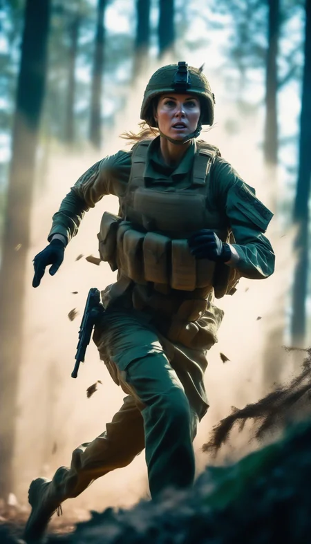zdyna_pose, dutch angle, from below, female soldier posing in a zdyna_pose running through a forest in a low camera angle actions scene, foreground objects dust and volumetric lighting, bright cinematic lighting, orange and teal color grading