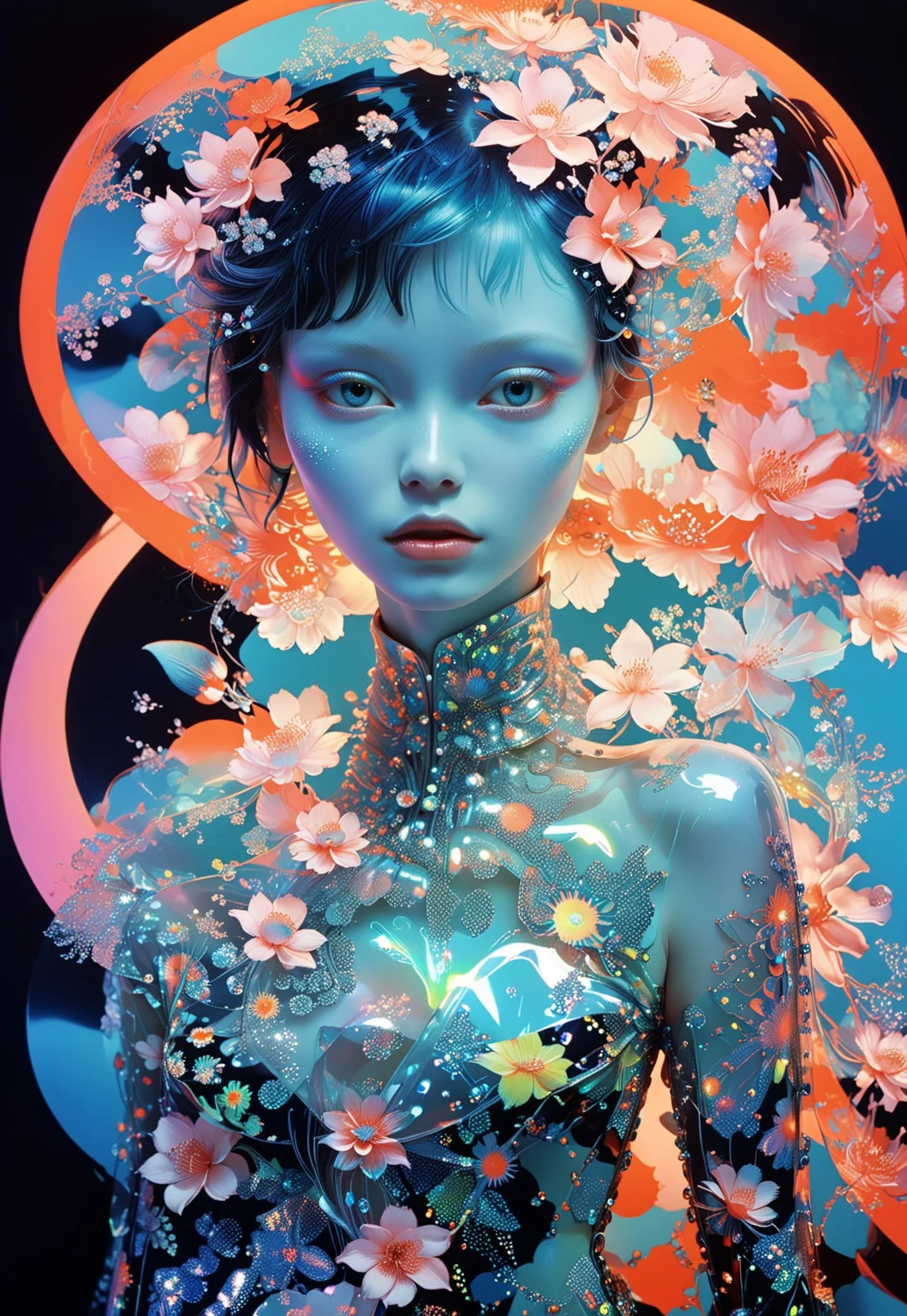 detailxl, bioluminescent Jem the Hologram, surreal psychedelic avant-garde art by Yoh Nagao and Erik Madigan Heck, Alan Aldridge, Raymond Duchamp-Villon, 1980's new wave totally radical fashion.