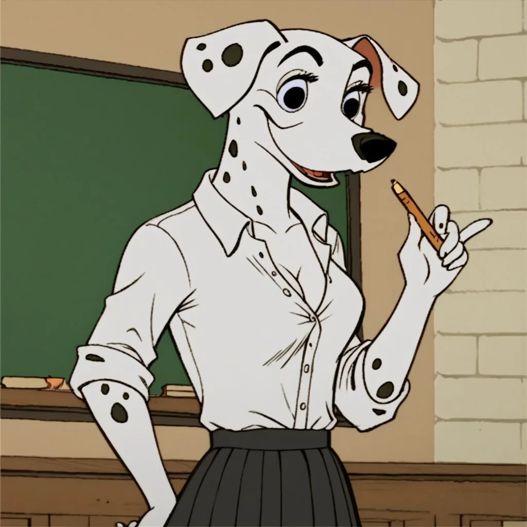 score_9, score_8_up, score_7_up, j_cartoon, Disney, highly detailed, ((detailed shaders)), BREAK, perdita, ((Dalmatian)), Black Eyes, Anthropomorphic Dog, Indoor, School, Blackboard, Holding a Chalk, Standing, White Buttoned Shirt, Black Short Skirt, Smiling,