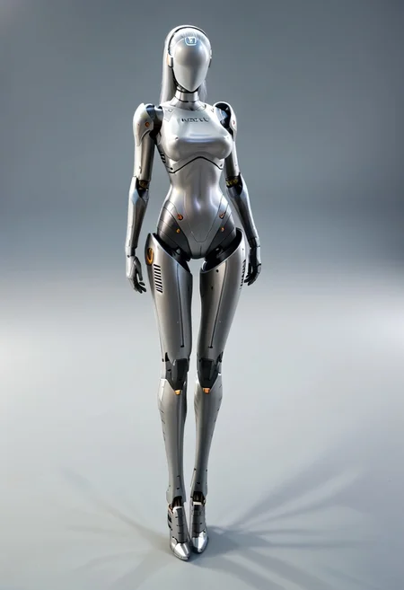 A 35mm full length photo of a beautiful robotic woman, she has a faceless robotic head, robot, silver hair, smooth dark grey metallic featureless feminine body
no face