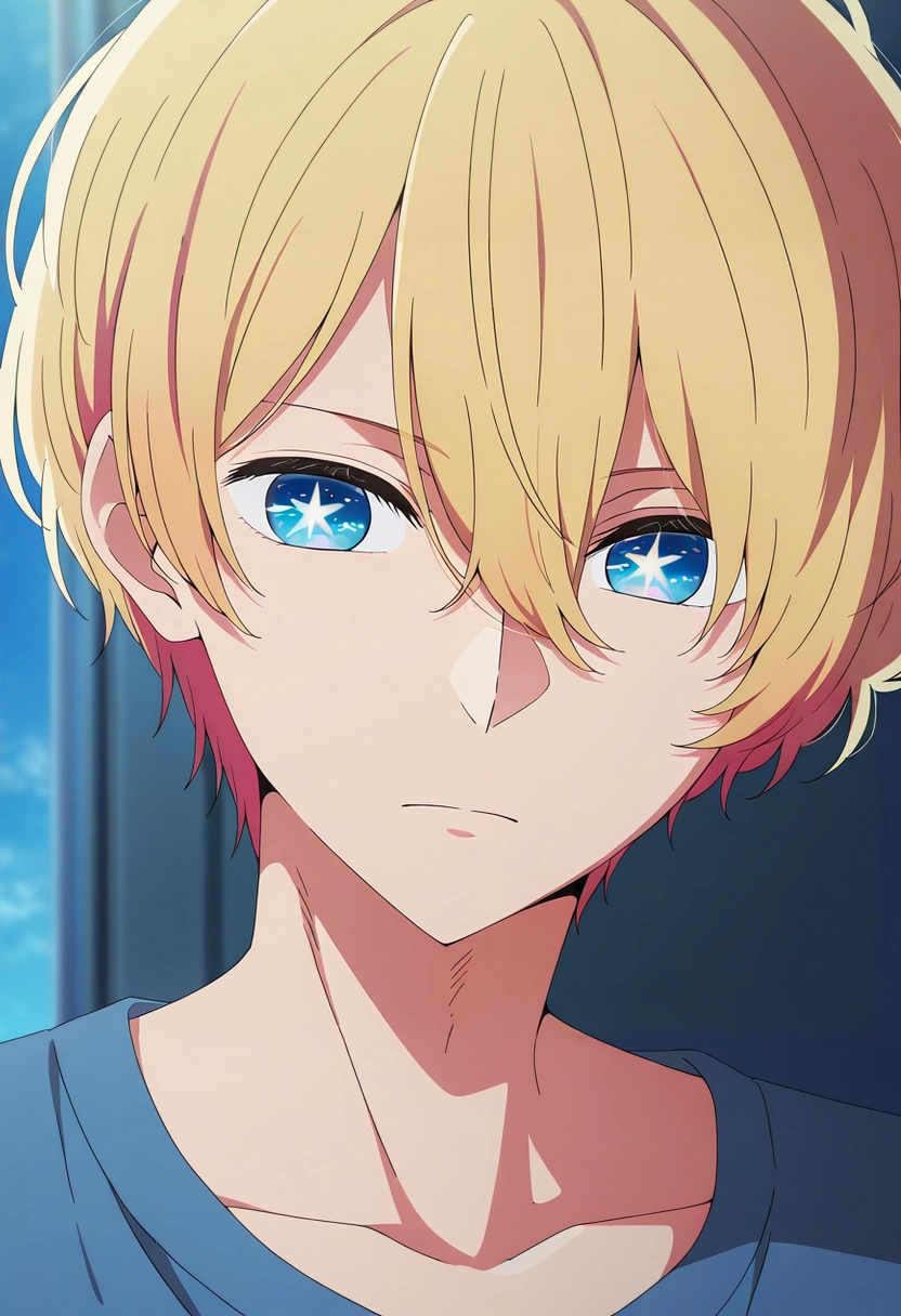 masterpiece, best quality, intricate details, anime screencap, anime coloring, official style, , 1boy, solo, male focus, <lora:aquamarine_hoshino_ilxl:0.9>, aquamarine_hoshino, blonde hair, blue eyes, bangs, hair between eyes, short hair, symbol-shaped pupils, star-shaped pupils, ,