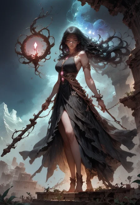score_9, score_8_up, score_7_up, 1girl, solo, long hair, black hair, earth mage, detailed, fantasy, standing, looking at viewer, black dress, large breasts, elegant, seductive, glowing, night, jewelry, chains, full body, high resolution, ultra realistic, HD, super detailed, mystical, ethereal, dark background, earth magic, brown glowing elements, earth manipulation, magical aura, rocks, floating stones, earthy symbols, dust particles, mountainous ambiance, reflective minerals, rugged look, flowing earth, staff, vines, crystals, ancient ruins
<lora:Pony_å¢å ç»èçloar:1>,<lora:Ponyå¢å ç»èï¼æµè¯çï¼ä¸è¦è¶è¿1.5:1>,<lora:cutesexyrobutts_style-csr style-LoRA_Pony :0.6>,<lora:å¯æè¡¨ç°åsdxl10:0.6>,<lora:ponyå²è¯è±éç»é£-Lora:0.8>,