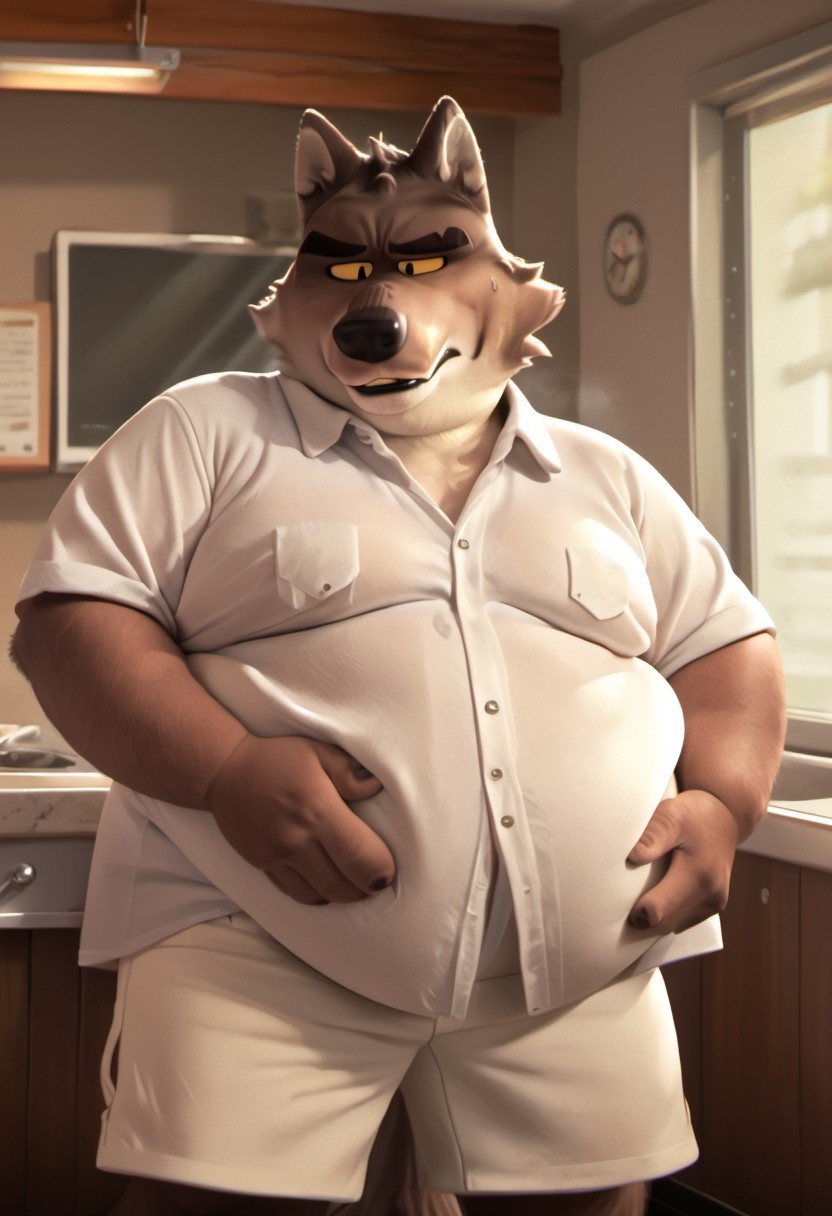 score_9_up, score_8_up, score_7_up, high quality, detailed, male, solo male, MrWolf, 1boy , anthro, wolf, grayish brown body, black eyes, yellow sclera, colored sclera, animal ears, broad shoulders, thick eyebrows, standing, half body, indoors,without shirt,shorts,sweat,musk,suave, volumetric lighting, masterpiece,(obese:1.3),
holding belly,looking down,exhausted,impressed,self-confident,manly