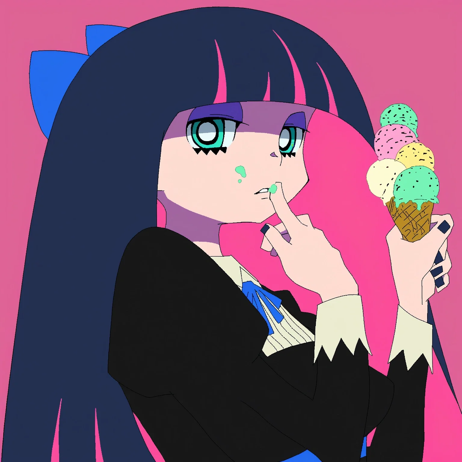 oekaki, stocking \(psg\), ice cream cone, finger to mouth, dress, food on face, <lora:96_chadmix_vpred10_1a.safetensors:1.0>,