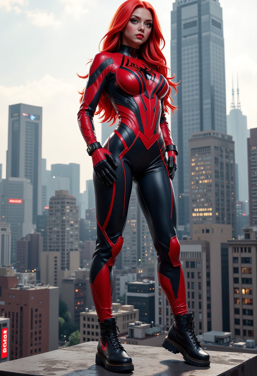 profile shots, full body view, photoshoot poses, dynamic angles, multiple angles, photoshoot poses;A photo of MJ_Marv3l, cosplaying as spiderman, is a digital illustration, playful, and whimsical. The image features a woman with red hair wearing a black and red spiderman suit. She is standing atop a building, in front of a cityscape, with buildings visible in the background. The woman is posing confidently, showcasing her costume and the spiderman logo on her chest. The overall composition of the image is dynamic and visually engaging, capturing the essence of the spiderman character. with a sense of action and adventure. Style: realistic hyper-detailed rendering, 32k UHD, expressive eyes, punk, graphic design, girl's face, pretty and cute, gleaming lips, telling a tale of adventure. Exuding confidence and serenity. The overall mood of the image is happy and relaxed,detailed skin texture,(blush:0.2),(goosebumps:0.3),subsurface scattering,with a playful and whimsical tone, retro50s_style,  detailed hand, perfect hands, aidmafluxpro1.1