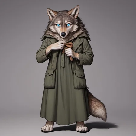 score_9, score_8_up, score_7_up, source_furry, detailed face, detailed eyes, incredible detail BREAK 1girl, solo, anthro, wide shot (furry female, wolf, light brown fur, monotone fur, light blue eyes,slightly wide hips, small breasts), black nose, whiskers, holding bow, wearing a hunter clothes, shy posee, ear flop, solo, looking at viewer, drop shadow, full body