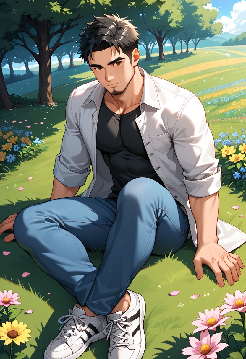 score_9, score_8_up, score_7_up, ultra hd, absurdres, solo, best aesthetic, shiny skin, outdoor, flower field, tree, solo, male focus,
1boy, torithor, bara, short hair, black hair, brown eyes, facial hair, shirt, jacket, jeans, sneakers, dynamic pose, relaxing, fisheye, windy, flying flower petal