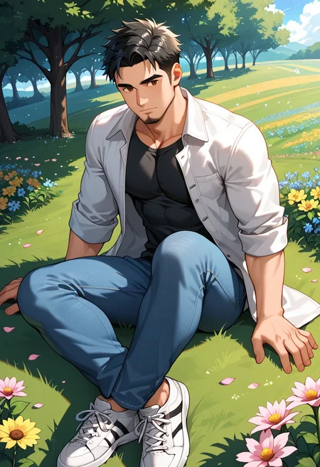 score_9, score_8_up, score_7_up, ultra hd, absurdres, solo, best aesthetic, shiny skin, outdoor, flower field, tree, solo, male focus,
1boy, torithor, bara, short hair, black hair, brown eyes, facial hair, shirt, jacket, jeans, sneakers, dynamic pose, relaxing, fisheye, windy, flying flower petal