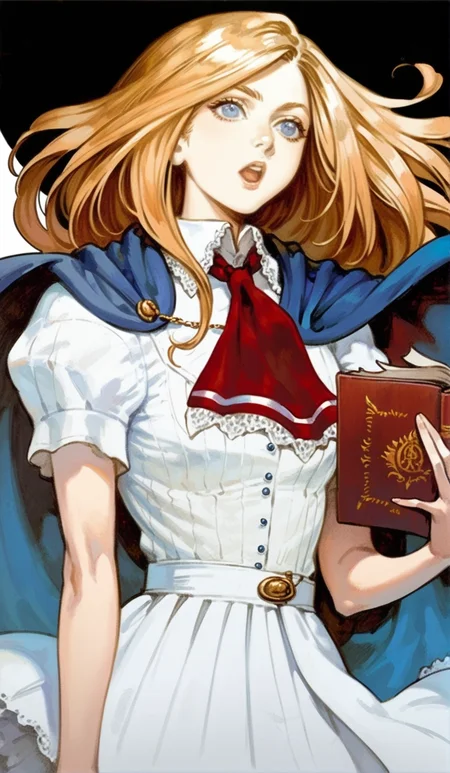 score_9,score_8_up,score_7_up,
highres,highly detailed,
<lora:CharlotteAulin:1>,
charlotteaulin,1girl,solo,brown hair,long hair,blue eyes,open mouth,blue cape with white lace trim,white thigh length dress,white lace trim collar,red tie with white lace trim,short puffed sleeves,blue wrap skirt,upper body,left hand holding book,right arm down,white background,