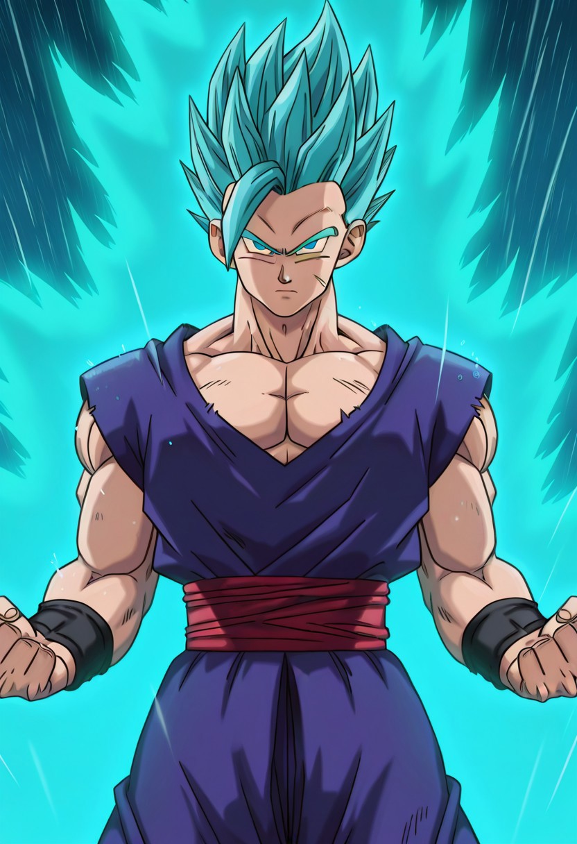 DBSSHSSGohan, 1boy, spiked hair, aqua hair, super saiyan, blue eyes, purple dougi, red sash, black wristbands, purple pants, olive-brown shoes, muscular male, solo, fighting stance, arms at sides, (looking at viewer), aqua aura, cowboy shot, rain, scene reference, bold