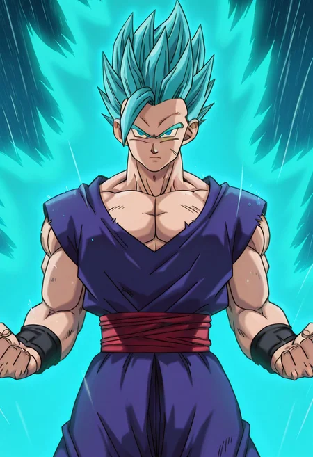 DBSSHSSGohan, 1boy, spiked hair, aqua hair, super saiyan, blue eyes, purple dougi, red sash, black wristbands, purple pants, olive-brown shoes, muscular male, solo, fighting stance, arms at sides, (looking at viewer), aqua aura, cowboy shot, rain, scene reference, bold