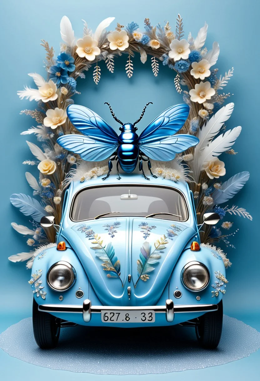 Bluepatternporcelain Beetle car,old car hybrid,feathers,pastel blue paint,gems,dried flowers,hyperrealistic,see-through