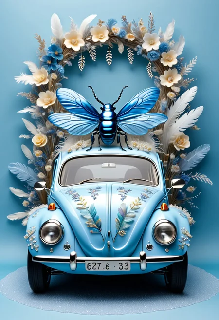 Bluepatternporcelain Beetle car,old car hybrid,feathers,pastel blue paint,gems,dried flowers,hyperrealistic,see-through