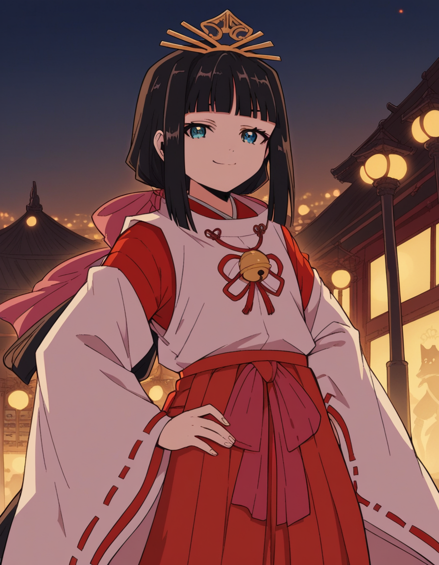 score_9, score_8_up, score_7_up, source_anime, <lora:nigewaka-shizuku-s1-ponyxl-lora-nochekaiser:1>, shizuku, long hair, bangs, blue eyes, black hair, blunt bangs,, japanese clothes, bell, miko, skirt, long sleeves, ribbon, wide sleeves, red ribbon, ribbon trim, hakama, hakama skirt, jingle bell, ribbon-trimmed sleeves, miko, red hakama,, city street, evening, streetlights, walking dog, quiet neighborhood, gentle breeze, smile, looking at viewer, smug, hand on hips,, solo,, cowboy shot, dutch angle