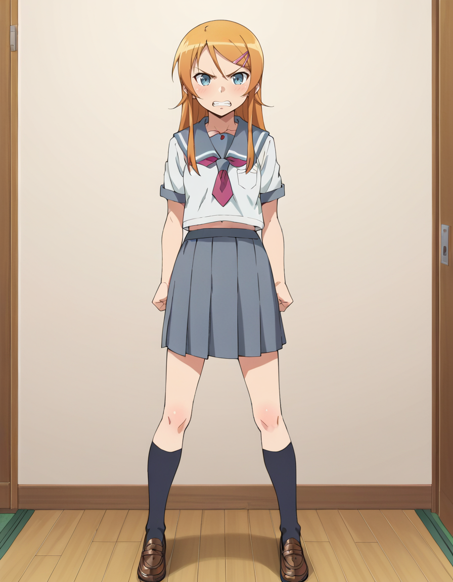 score_9, score_8_up, score_7_up, score_6_up, score_5_up, score_4_up, source_anime, anime screencap, BREAK 1girl, solo, full body, angry, clenched teeth,  indoors, clenched hands, arms at sides, 
<lora:Kousaka_Kirino_Pony:1> kousaka_kirino, orange hair, long hair, blue eyes, hairclip, kirino_school, serafuku, school uniform, white shirt, grey sailor collar, short sleeves, neckerchief, grey skirt, pleated skirt, dark grey socks, loafers