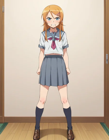 score_9, score_8_up, score_7_up, score_6_up, score_5_up, score_4_up, source_anime, anime screencap, BREAK 1girl, solo, full body, angry, clenched teeth,  indoors, clenched hands, arms at sides, 
<lora:Kousaka_Kirino_Pony:1> kousaka_kirino, orange hair, long hair, blue eyes, hairclip, kirino_school, serafuku, school uniform, white shirt, grey sailor collar, short sleeves, neckerchief, grey skirt, pleated skirt, dark grey socks, loafers