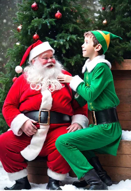Raw photo of ((skinny elf boy)) meet fat Santa claus, elf boy wearing green clothes, fat Santa wearing red clothes, snowing:1.2, (text "Merry Christmas"),