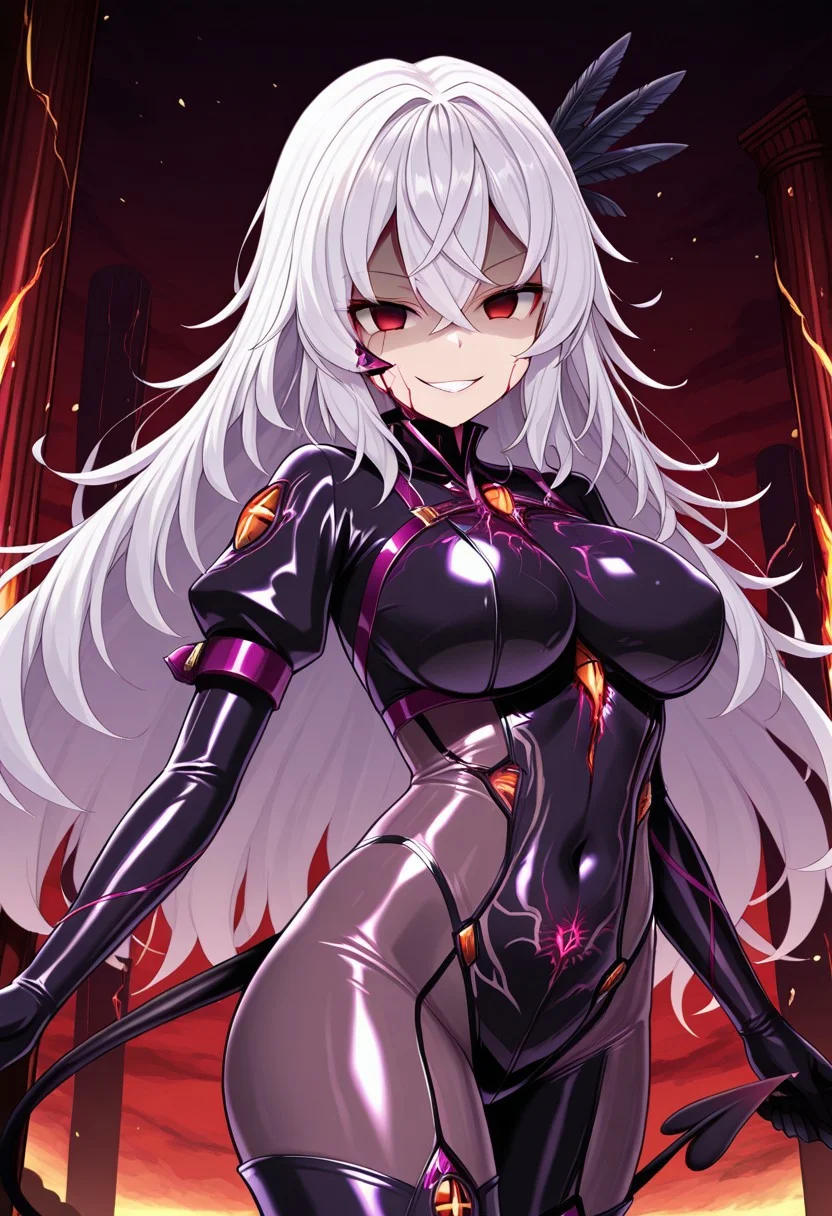 masterpiece, best quality, 1girl,solo, (pillar corruption:1.3), white hair, long hair, messy hair, feather hair ornament, bodysuit, purple clothes, demon tail, cowboy shot, evil smile, grin, looking at viewer, empty eyes, red eyes, dynamic pose, standing