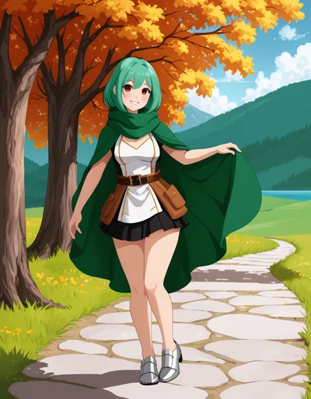 OneStepFromEdenStyle, 1girl, wide_hips, blush}, solo, outdoors, [amber] scarf, [Scarlet] eyes, [Emerald] hair, smile, full_body, high_fantasy, silver footwear
 <lora:OneStepFromEdenStyle_Illustrious:1>