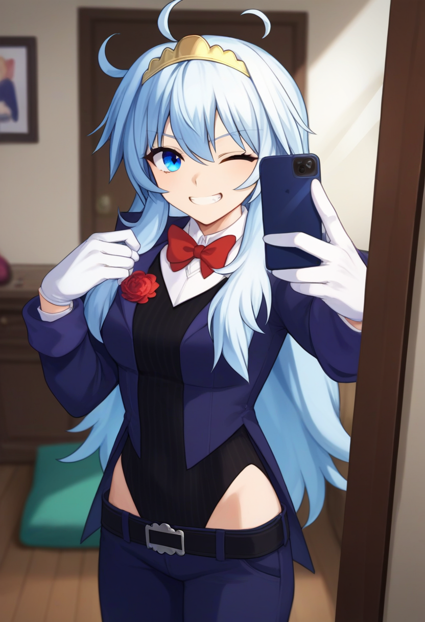 score_9, score_8_up, score_7_up, source_anime, solo, 1girl, mirabelle, grin, looking at viewer, selfie, holding phone, white hair, ahoge, tiara, blue eyes, one eye closed, blue jacket, long sleeves, black leotard, white shirt, red bow, white gloves, blue pants, belt, indoors, mirror <lora:mirabeaustudios_mirabelle_ponyXL:1>