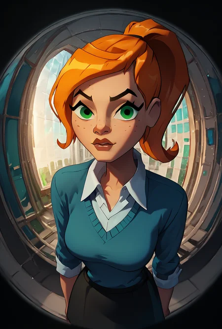 <lora:ovgwen-03:1> ovgwen, green eyes, 1girl, ponytail, orange hair, solo, blue shirt, freckles, white collared shirt, black skirt , sweater, <lora:Fisheye_Style:1> fisheye, black border, score_9, score_8_up, score_7_up,, detailed shading, detailed ambient light, detailed background, masterpiece,