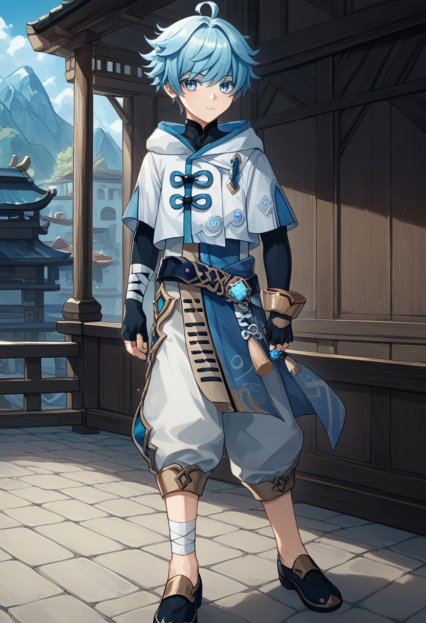score_9, score_8_up, score_7_up, source_anime, highly detailed, 

Chongyun, 1boy, male focus, solo, light blue hair, short hair, hair between eyes, bangs, ahoge, blue eyes, chinese clothes, jacket, white jacket, hood, shirt, black shirt, short over long sleeves, gloves, black gloves, fingerless gloves, bandages, bandaged arm, bandaged leg, vision (genshin impact), pants, shoes, capri pants, jewelry, bracelet, stand,

outdoor, building, oriental, 