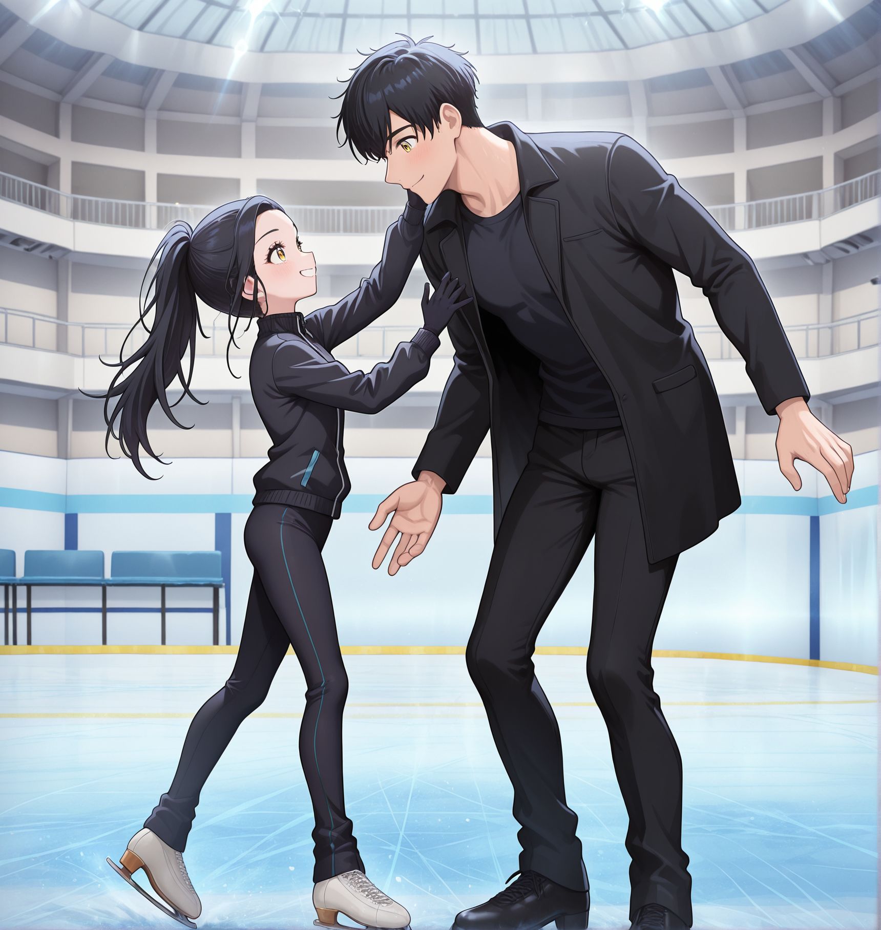 masterpiece,best quality,amazing quality,very aesthetic,absurdres,newest, huge filesize,
<lora:spo_sdxl_10ep_4k-data_lora_webui:0.5>,
<lora:add-detail-xl:1>
1girl, 1man, teaching,facing another, 
age difference, front view,
Ice skating rink,
BREAK
1girl, 1man, teaching,facing another, 
age difference, front view,
<lora:MedalistV1:1>MedalistV1,
m_hikari,
ponytail, 
gloves, 
black hair, 
smile, 
Golden Yellow eyes, 
black jacket, 
track jacket, 
track suit, 
long hair, 
Ice skating rink,
BREAK
1girl, 1man,  teaching,facing another, 
age difference,  front view,
male focus,
solo,
black hair,
black pants, black shirt,
open coat,
1man,cool,  
black coat, 
Ice skating rink,