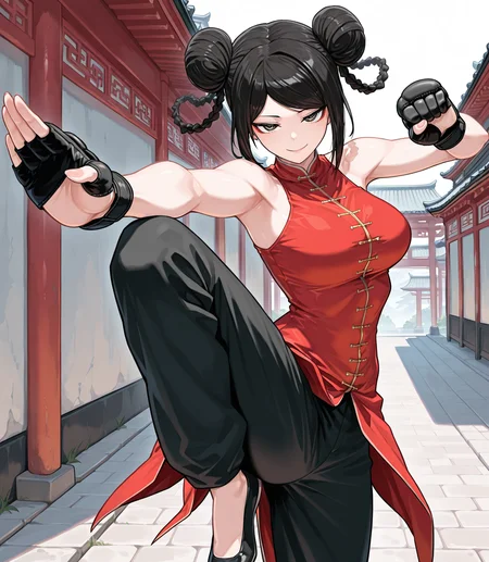 High quality,Ultra detailed,best quality,insanely detailed,beautiful,perfect lighting,masterpiece,absurdres,very aesthetic,sensitive BREAK
Yuzuha Lee, 1girl, solo, double bun braid, sleeveless chinese shirt, fingerless gloves, black pants, black flats,
smile, outstretched arm,looking at viewer,
outdoors, hands up, fighting stance,foot out of frame, standing on one leg, knee up, hands up, arms up,
<lora:Yuzuha_Lee_IL_1.0:0.85>