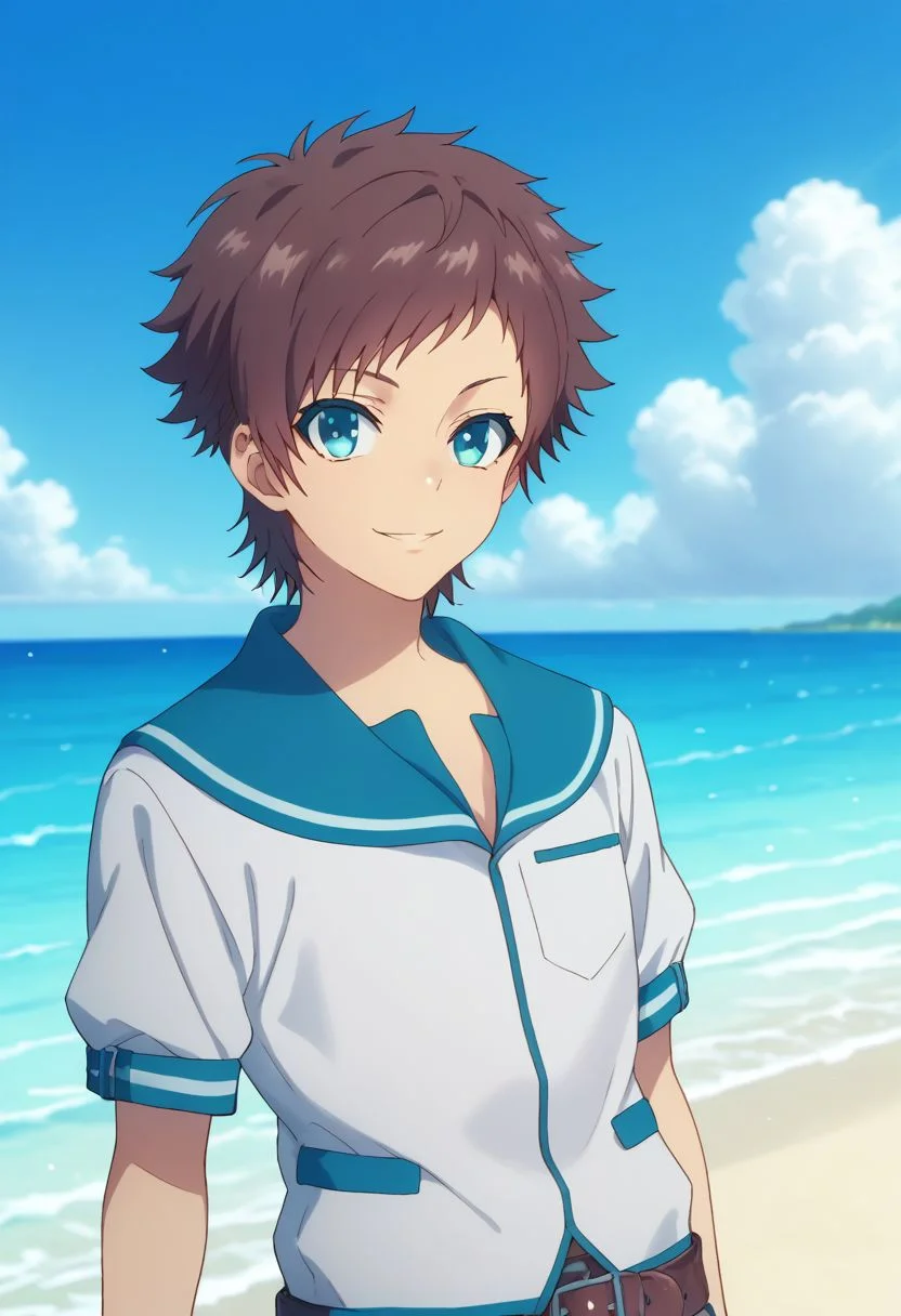score_9, score_8_up, score_7_up, source_anime, highly detailed,
hikari, solo, 1boy, male focus, brown hair, blue eyes, upper body, school uniform, belt, pants, smile
outdoor, sea, sky,