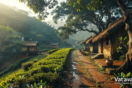 In a terraced tea farm in the Western Ghats where narrow tracks wind between manicured bushes and stone huts stand under banyan trees. At winter afternoon, sun lights the upper slopes, (tea shadows:1.1) pattern the ground, and tools rest against huts. ,, Masterpiece,best quality,realistic,HDR, 8K, masterpiece, best_quality, absurdres, ultra-detailed, highly aesthetic,sweeping landscapes, unique perspectives, epic scale, revealing hidden beauty, showcasing vastness, immersive experience, precise compositions, expert piloting, dynamic angles, cinematic storytelling, showcasing natural wonders, aerial exploration