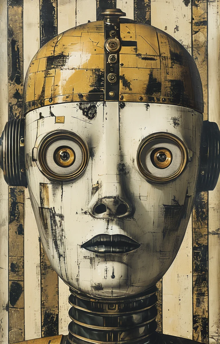 masterpiece,best quality,<lora:tbh150-sdxl:0.9>,style of Piero Fornasetti, portrait of robot